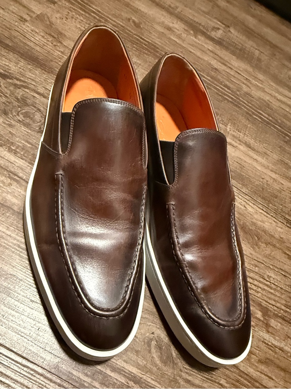 Men's Santoni Brown Leather Slip-On Loafers white sole